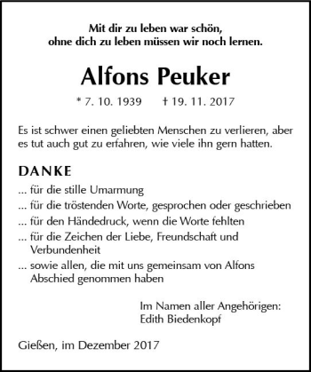 Traueranzeige von Alfons Peuker von  Gießener Anzeiger
