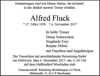Traueranzeige von Alfred Fluck von Trauerportal Rhein Main Presse