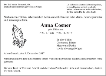 Traueranzeige von Anna Cosner von  Gießener Anzeiger
