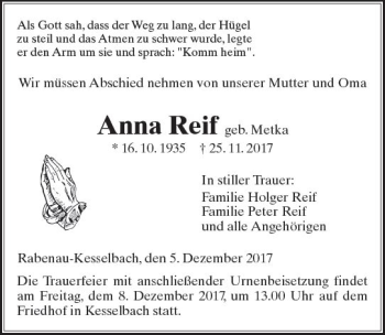 Traueranzeige von Anna Reif von  Gießener Anzeiger