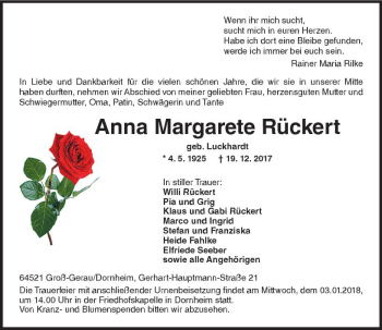 Traueranzeige von Anna Margarete Rückert von Trauerportal Echo Online