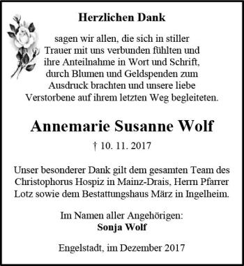 Traueranzeige von Annemarie Susanne Wolf von Trauerportal Rhein Main Presse