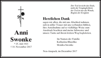 Traueranzeige von Anni Swonke von  Usinger Anzeiger