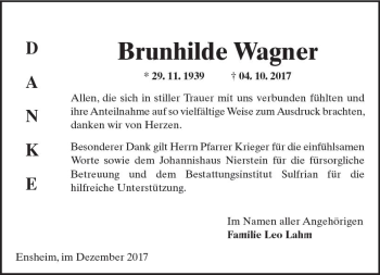 Traueranzeige von Brunhilde Wagner von Trauerportal Rhein Main Presse