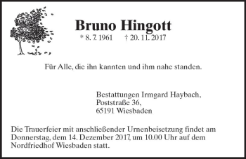 Traueranzeige von Bruno Hingott von Trauerportal Rhein Main Presse