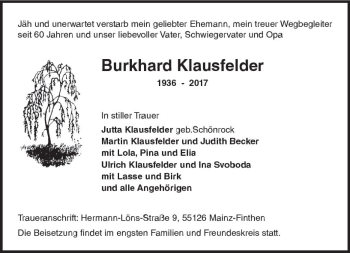 Traueranzeige von Burkhard Klausfelder von Trauerportal Rhein Main Presse