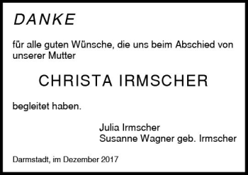 Traueranzeige von Christa Irmscher von Trauerportal Echo Online