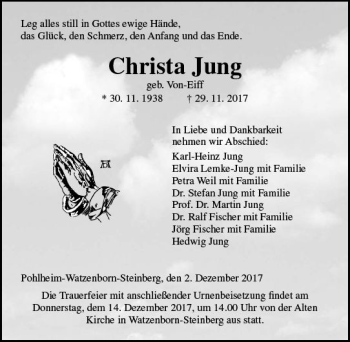 Traueranzeige von Christa Jung von  Gießener Anzeiger