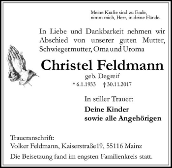 Traueranzeige von Christel Feldmann von Trauerportal Rhein Main Presse