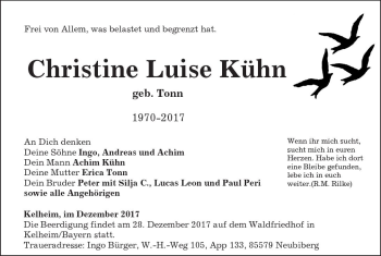 Traueranzeige von Christine Luise Kühn von VRM Trauer