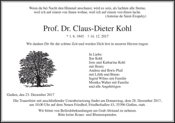 Traueranzeige von Claus-Dieter Kohl von  Gießener Anzeiger