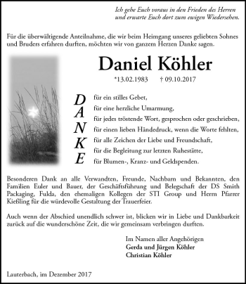 Traueranzeige von Daniel Köhler von VRM Trauer