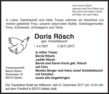 Traueranzeige von Doris Rösch von Trauerportal Rhein Main Presse