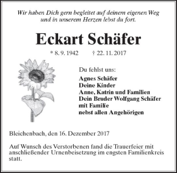 Traueranzeige von Eckart Schäfer von  Kreisanzeiger