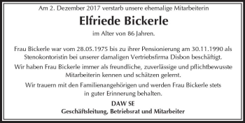 Traueranzeige von Elfriede Bickerle von Trauerportal Echo Online
