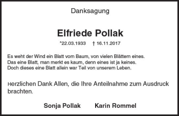 Traueranzeige von Elfriede Pollak von Trauerportal Echo Online