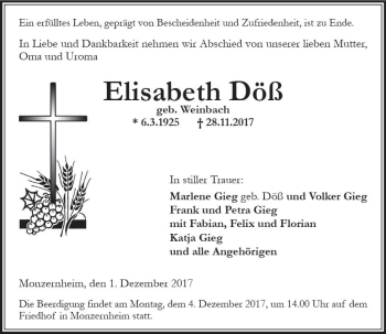 Traueranzeige von Elisabeth Döß von Trauerportal Rhein Main Presse