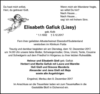 Traueranzeige von Elisabeth Gafiuk von VRM Trauer
