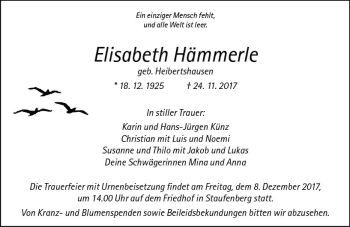 Traueranzeige von Elisabeth Hämmerle von  Gießener Anzeiger
