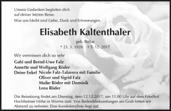 Traueranzeige von Elisabeth Kaltenthaler von Trauerportal Rhein Main Presse