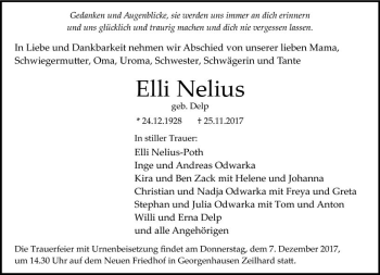 Traueranzeige von Elisabeth Nelius von Trauerportal Echo Online