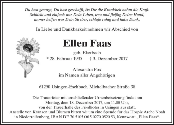 Traueranzeige von Ellen Faas von  Usinger Anzeiger