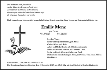 Traueranzeige von Emilie Menz von  Gießener Anzeiger