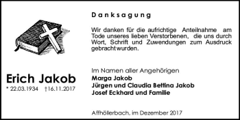 Traueranzeige von Erich Jakob von Trauerportal Echo Online