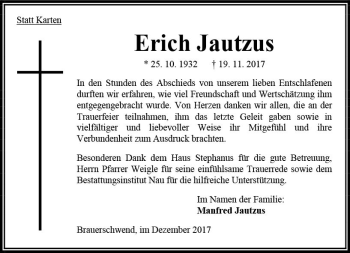 Traueranzeige von Erich Jautzus von VRM Trauer