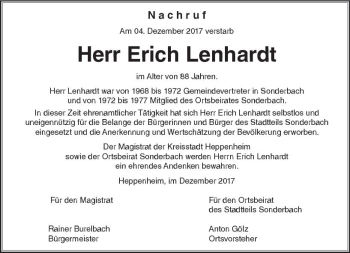 Traueranzeige von Erich Lenhardt von Trauerportal Echo Online