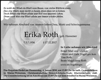 Traueranzeige von Erika Roth von Trauerportal Rhein Main Presse