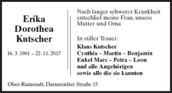 Traueranzeige von Erika Dorothea Kutscher von Trauerportal Echo Online