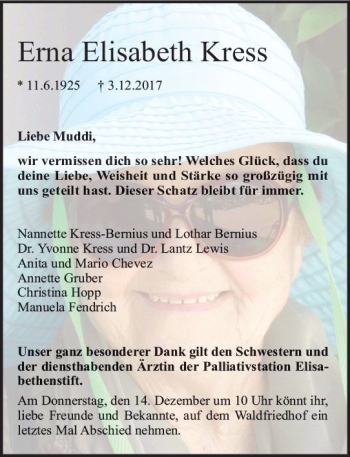 Traueranzeige von Erna Elisabeth Kress von Trauerportal Echo Online