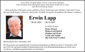 Traueranzeige von Erwin Lapp von  Kreisanzeiger