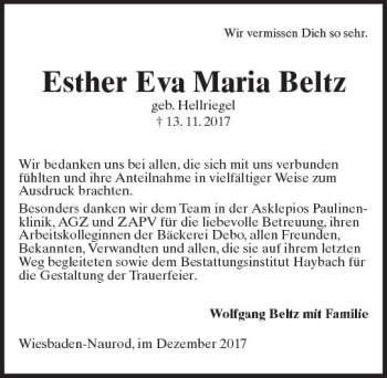 Traueranzeige von Esther Eva Maria Beltz von Trauerportal Rhein Main Presse