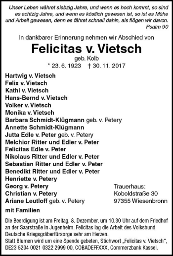 Traueranzeige von Felicitas v. Vietsch von Trauerportal Echo Online