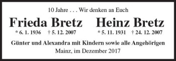Traueranzeige von Frieda Bretz von Trauerportal Rhein Main Presse