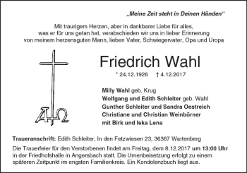 Traueranzeige von Friedrich Wahl von VRM Trauer