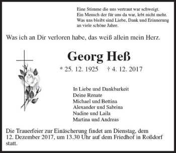Traueranzeige von Georg Heß von Trauerportal Echo Online
