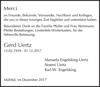 Traueranzeige von Gerd Uertz von Trauerportal Echo Online