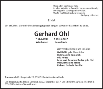 Traueranzeige von Gerhard Ohl von Trauerportal Rhein Main Presse