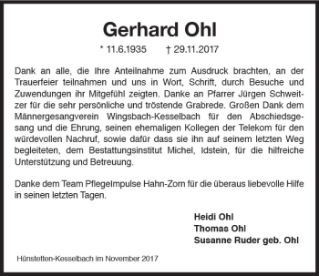 Traueranzeige von Gerhard Ohl von Trauerportal Rhein Main Presse
