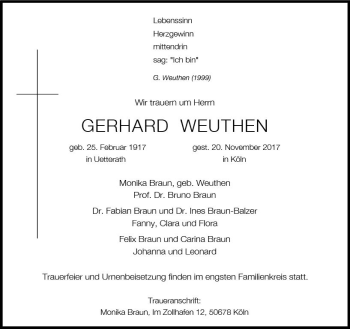 Traueranzeige von Gerhard Weuthen von Trauerportal Rhein Main Presse
