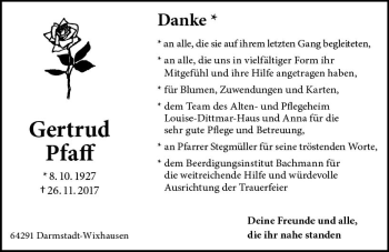 Traueranzeige von Gertrud Pfaff von Trauerportal Echo Online