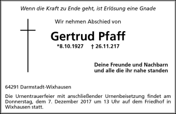 Traueranzeige von Gertrud Pfaff von Trauerportal Echo Online