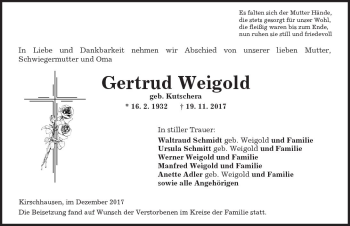 Traueranzeige von Gertrud Weigold von Trauerportal Echo Online