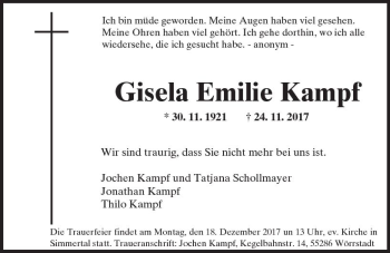 Traueranzeige von Gisela Emilie Kampf von Trauerportal Rhein Main Presse