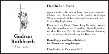 Traueranzeige von Gudrun Rothbarth von Trauerportal Rhein Main Presse