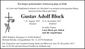 Traueranzeige von Gustav Adolf Block von Trauerportal Echo Online