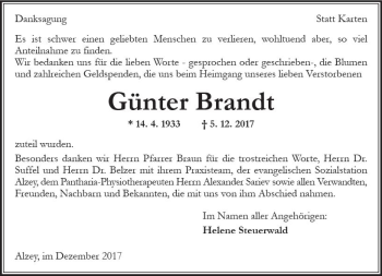 Traueranzeige von Günter Brandt von Trauerportal Rhein Main Presse
